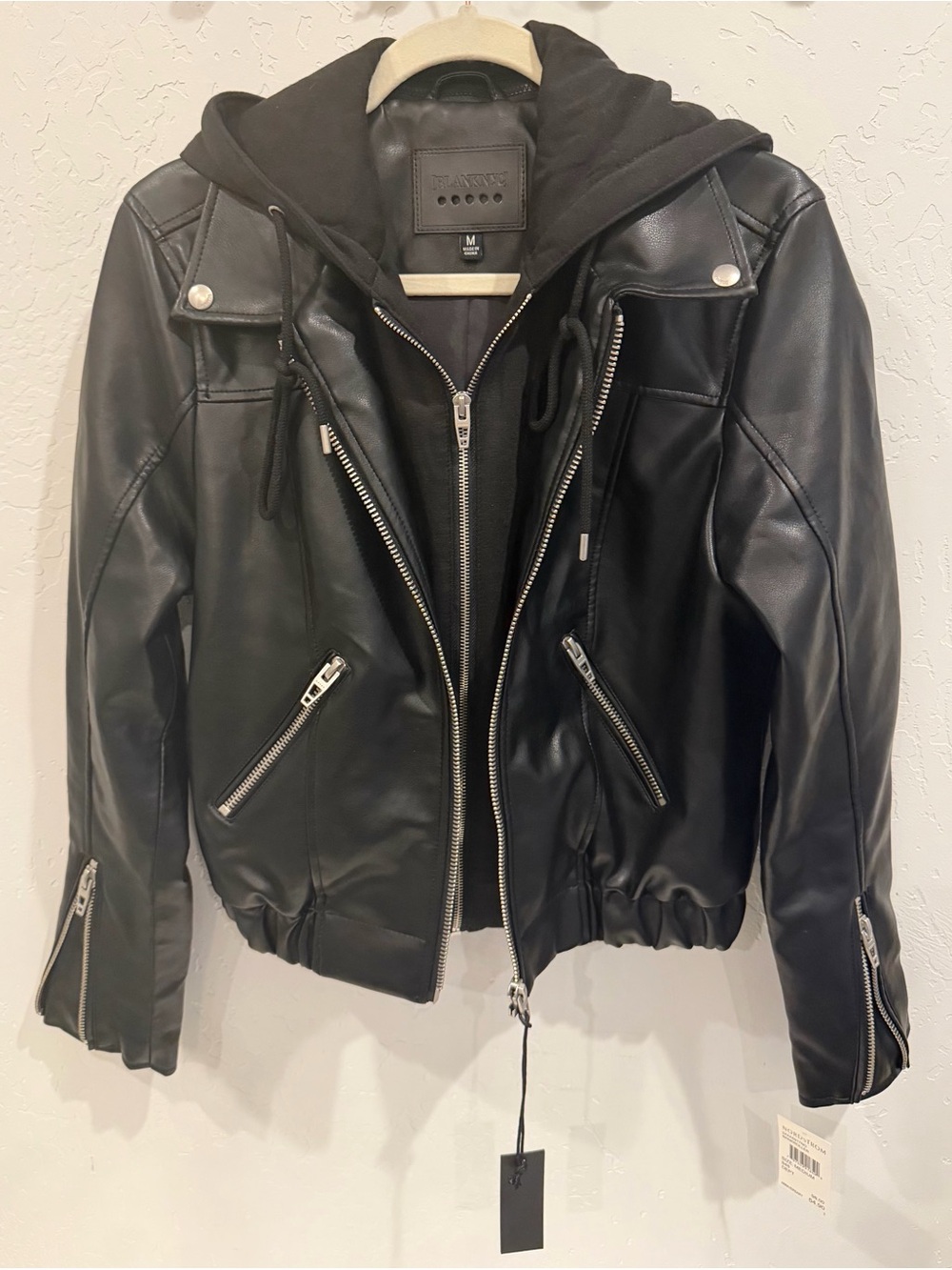 BLANKNYC Bankroller Black Faux Leather Hooded Moto Jacket M NWT